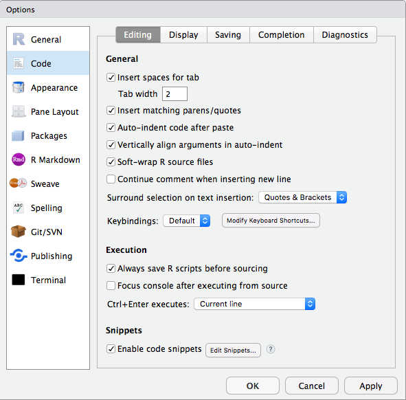 Code window preferences.